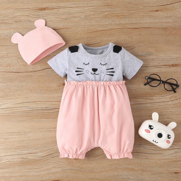 

Baby Girl 3D Ear Design Cartoon Graphic Romper With Hat, Multicolor