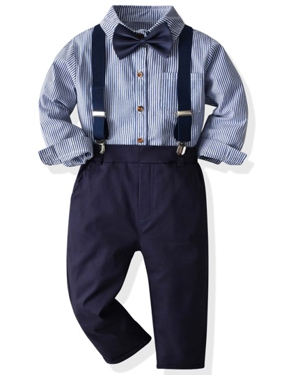 Young Boy Bow Front Striped Shirt & Suspender Pants Chic Outfits For Autumn/Winter