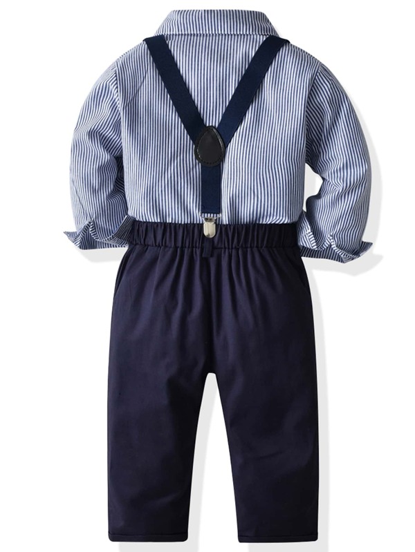 SHEIN Kids FANZEY Young Boy Bow Front Striped Shirt & Suspender Pants