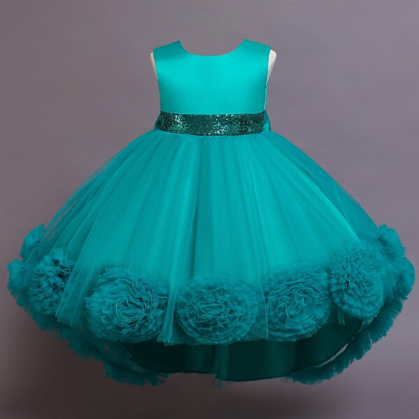 

Girls Stereo Floral Mesh Big Bow Back Gown Dress, Green