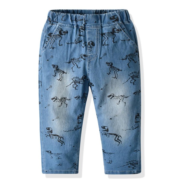 

Toddler Boys Stone Wash Dinosaur Skeleton Print Jeans, Medium wash