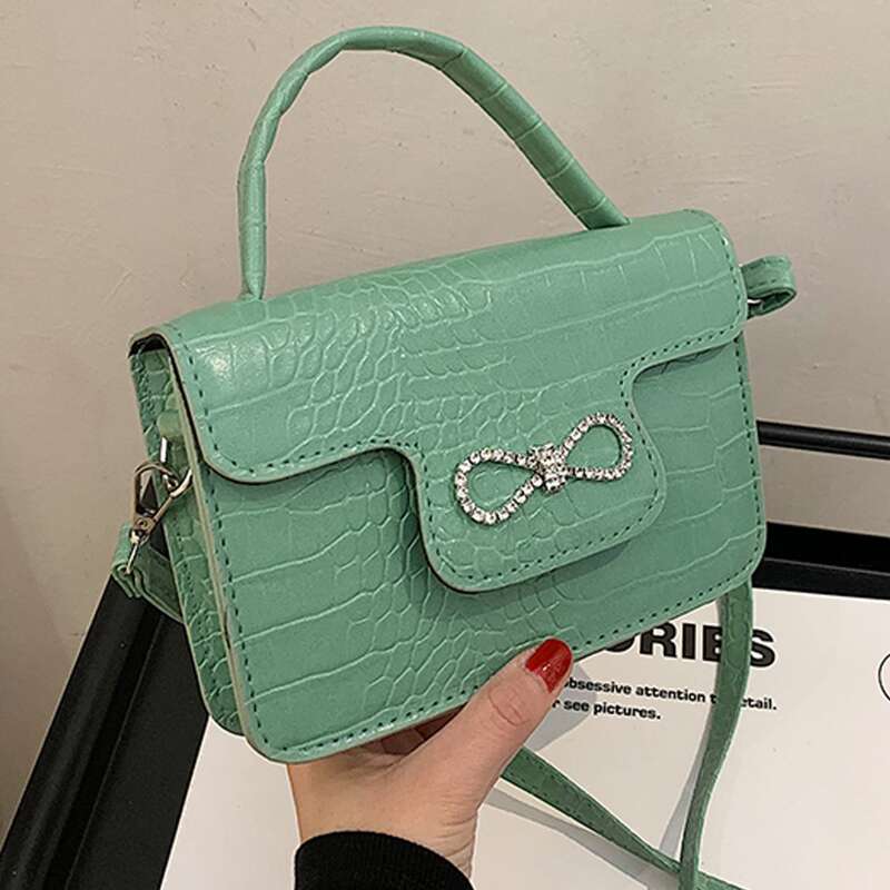 

Rhinestone Bow Croc Embossed Satchel Bag, Green