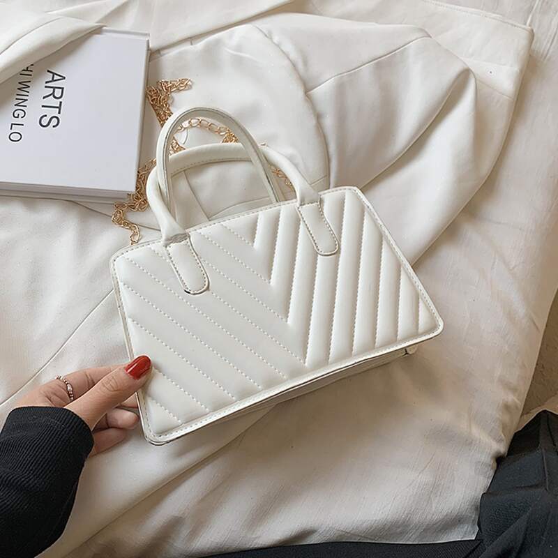 

Chevron Chain Satchel Bag, White