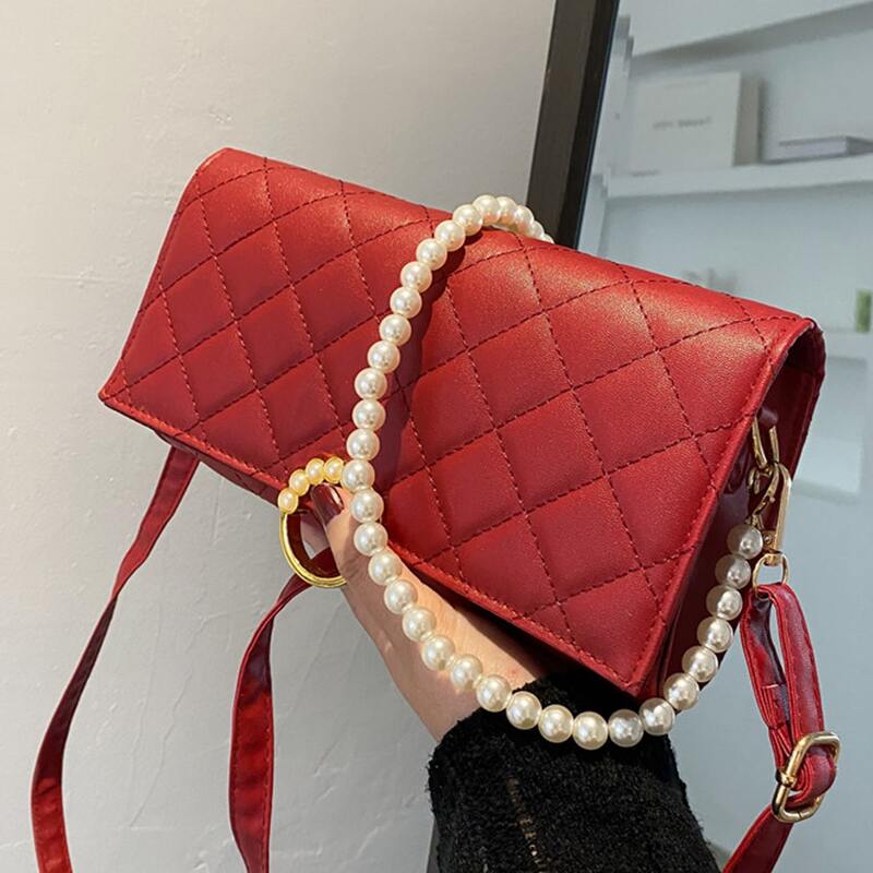 

Faux Pearl Strap Quilted Baguette Bag, Red