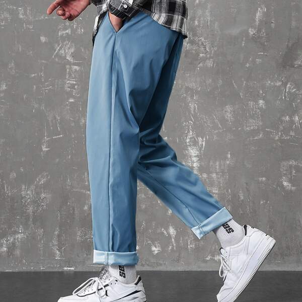 

Men Solid Slant Pocket Tapered Pants, Cadet blue