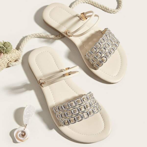 

Girls Glitter Decor Slippers, Beige