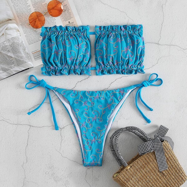 

Floral Random Print Frill Bandeau Bikini Swimsuit, Multicolor