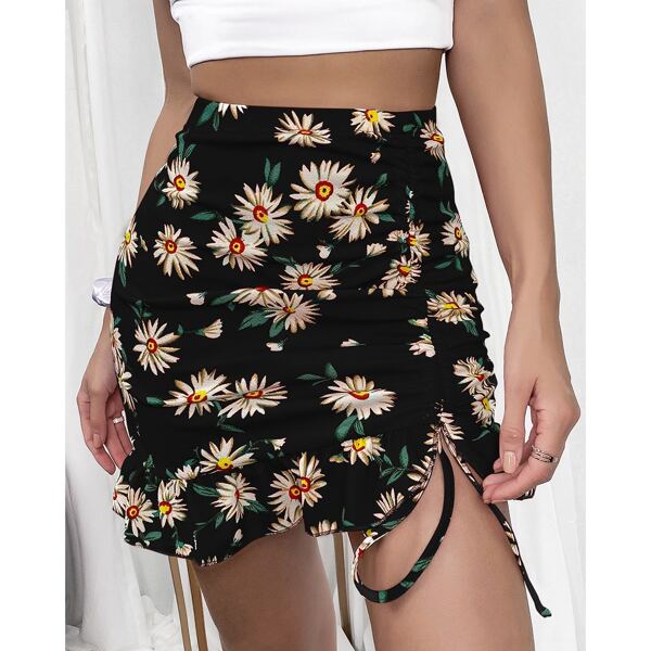 

Ruched Drawstring Knot Ruffle Hem Floral Skirt, Black