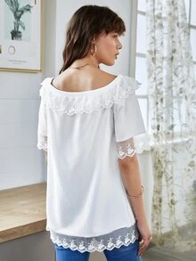 Top ribete de malla con bordado de hombros descubiertos