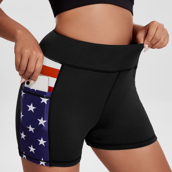 

Plus American Flag Print Biker Shorts With Phone Pocket, Black