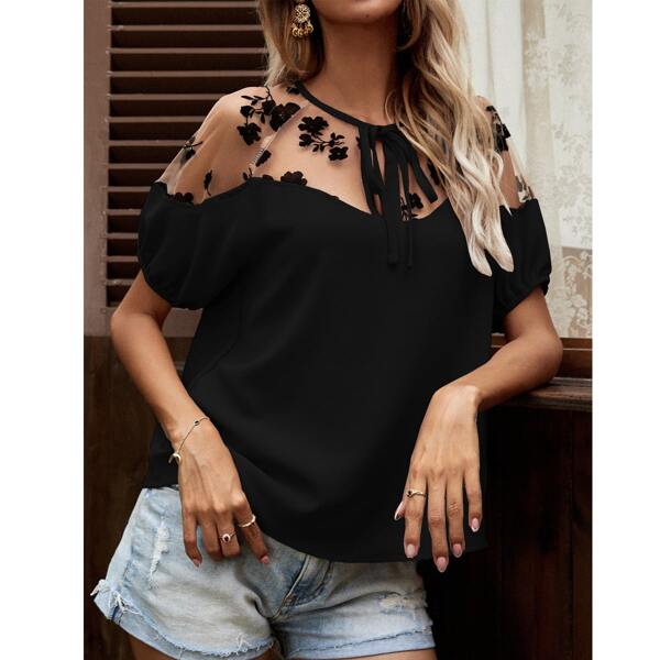 

Contrast Mesh Floral Print Tie Neck Blouse, Black