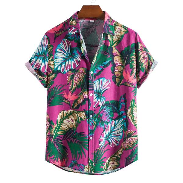 

Men Tropical Print Button Up Shirt, Multicolor