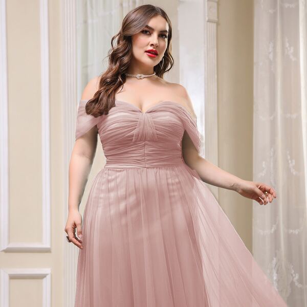 

Plus Off The Shoulder Mesh Overlay Maxi Prom Dress, Dusty pink