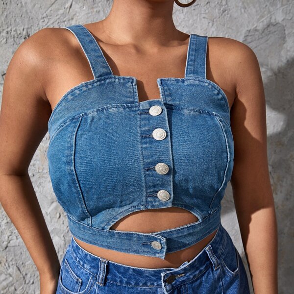 

Plus Button Through Denim Cami Top, Medium wash