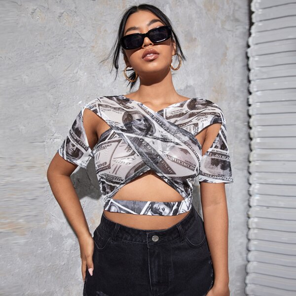 

Plus Dollar Print Criss Cross Cut Out Front Crop Top, Black and white