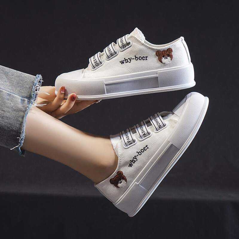 

Bear Embroidered Velcro Strap Canvas Shoes, White