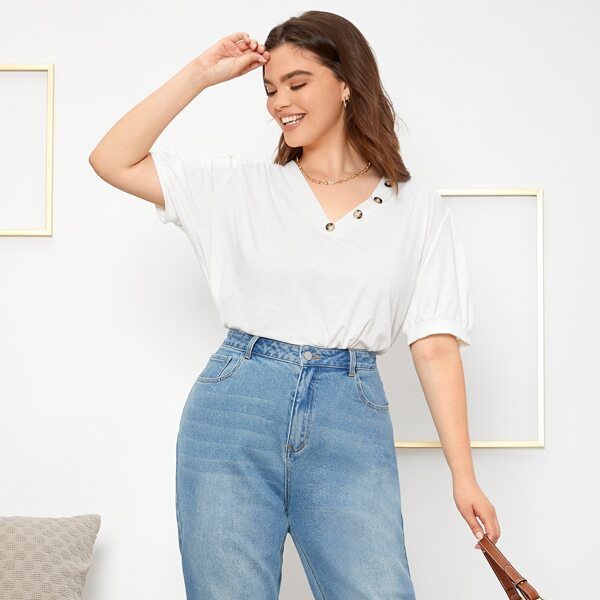 

Plus V-neck Button Detail Puff Sleeve Tee, White