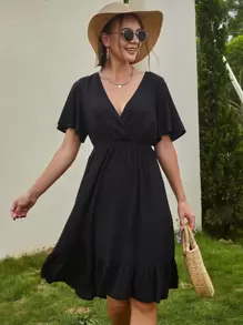 Vestido bajo con fruncido de manga campanuda - Negro - Ver 1