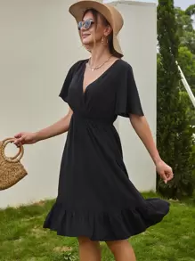 Vestido bajo con fruncido de manga campanuda - Negro - Ver 5