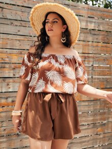 SHEIN Conjunto top con estampado tropical de hombros descubiertos con shorts - Multicolor - Ver 1