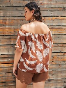 SHEIN Conjunto top con estampado tropical de hombros descubiertos con shorts - Multicolor - Ver 2