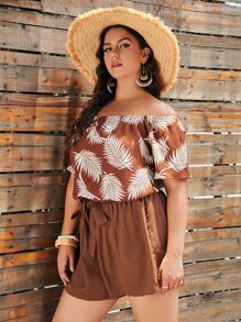 SHEIN Conjunto top con estampado tropical de hombros descubiertos con shorts - Multicolor - Ver 3