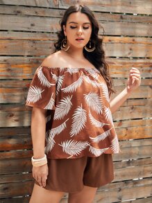 SHEIN Conjunto top con estampado tropical de hombros descubiertos con shorts - Multicolor - Ver 4