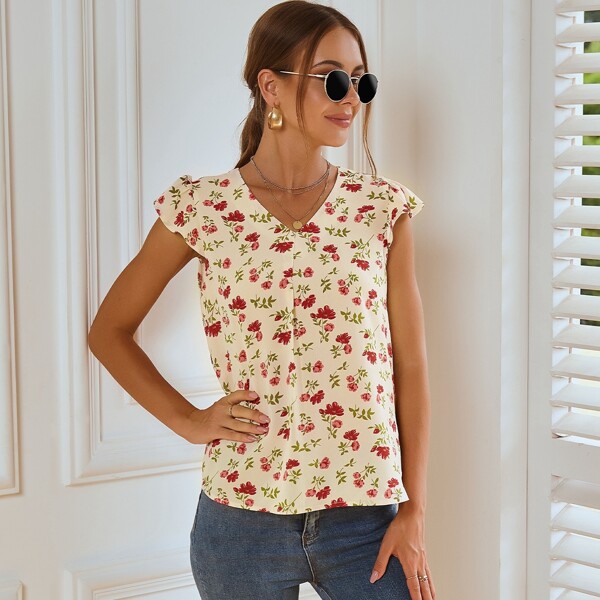 

Floral Print Cap Sleeve Top, Apricot