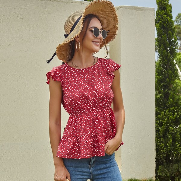 

Polka Dot & Heart Print Peplum Top, Red