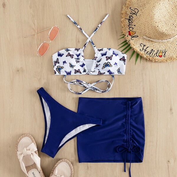 

3pack Butterfly Print Halter Bikini Swimsuit With Beach Skirt, Blue and white