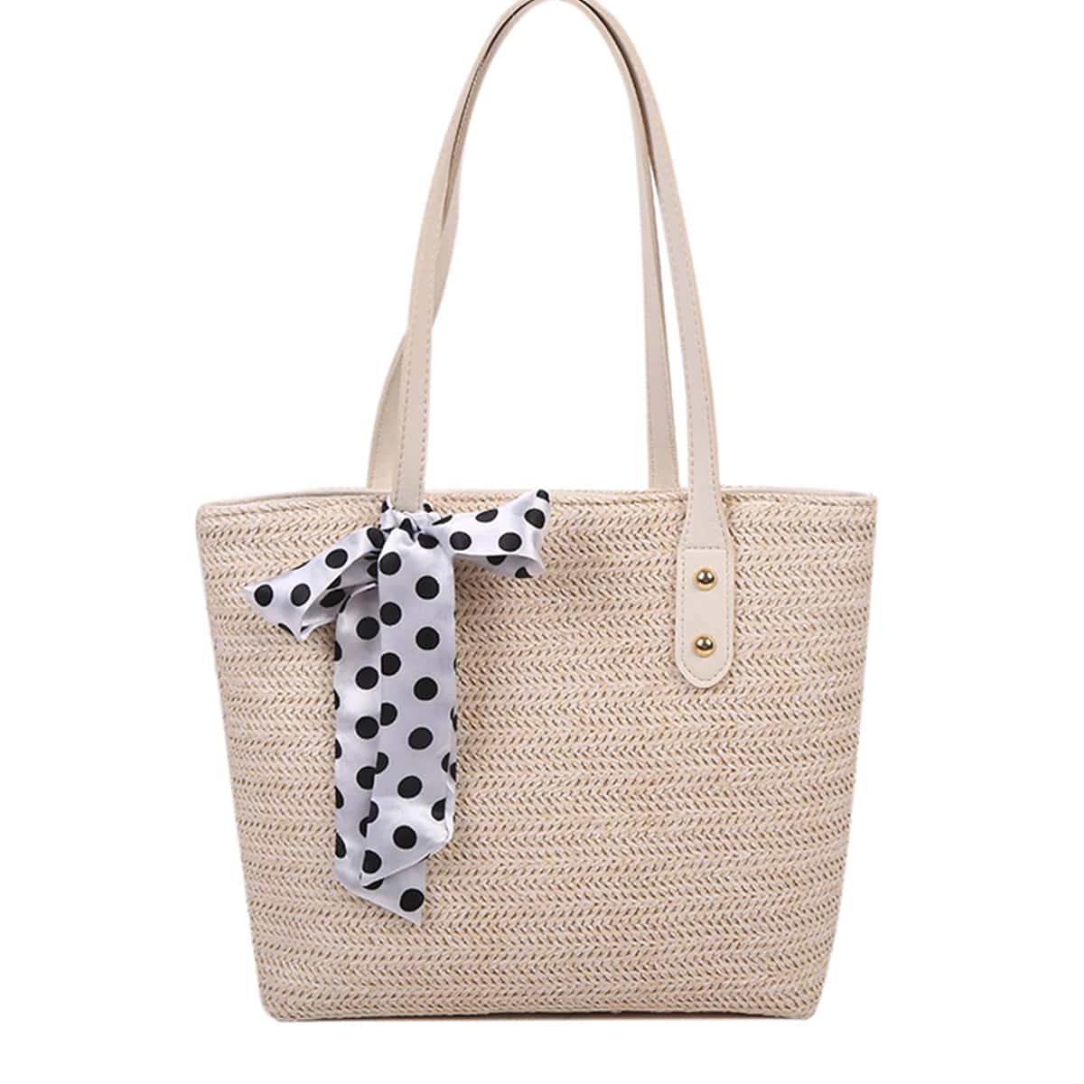 

Scarf Knot Straw Tote Bag, Beige