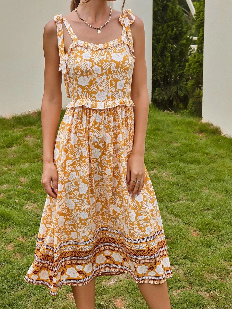 SHEIN VCAY Tied Shoulder Ruffle Trim Floral Cami Dress - Multicolor - View 1