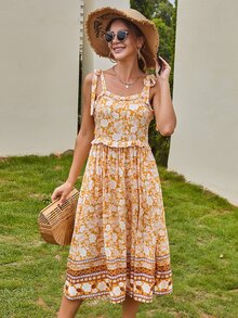 SHEIN VCAY 綁結肩荷葉邊花卉吊帶連衣裙 - 彩色 - 查看 3