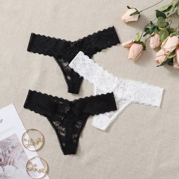 

3pack Floral Lace Thong Set, Black and white