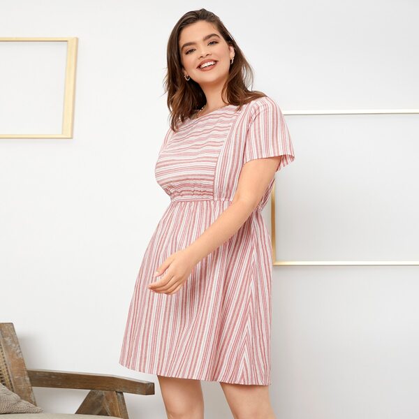 

Plus Button Back Striped Dress, Multicolor