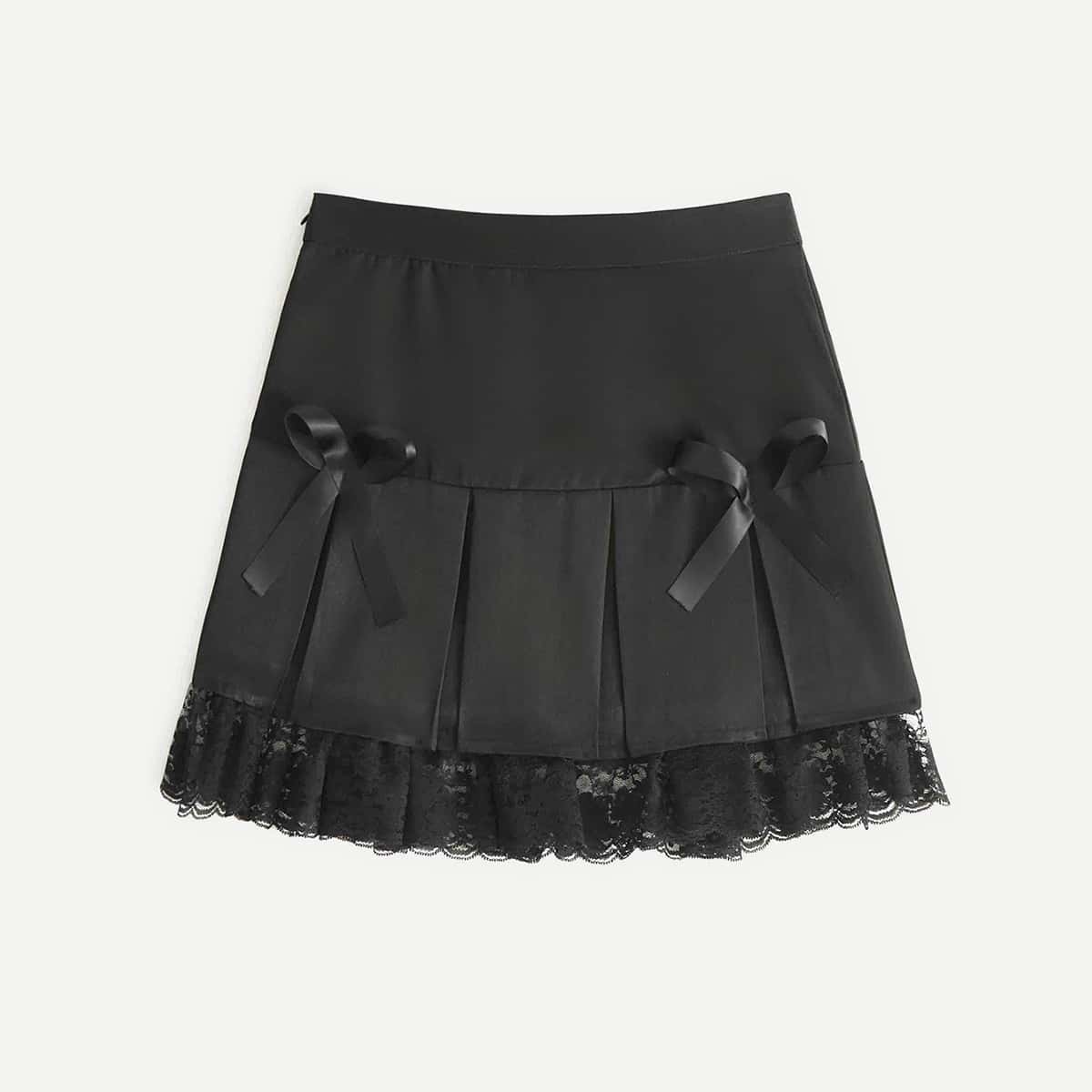 

Contrast Lace Pleated Bow Skirt, Black