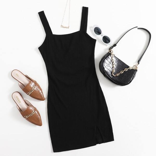 

Plus Rib Knit Split Hem Cami Dress, Black