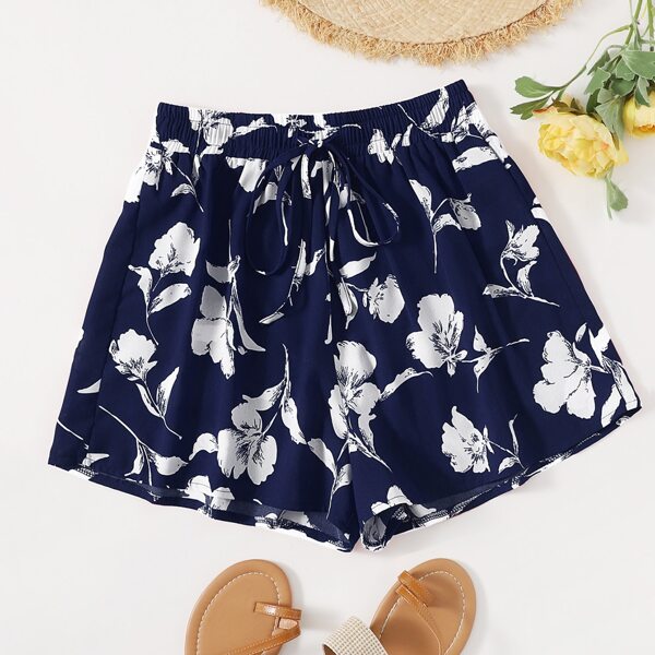

Plus Floral Print Drawstring Waist Shorts, Navy blue