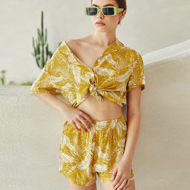 

Tropical Print Pajama Set, Mustard yellow