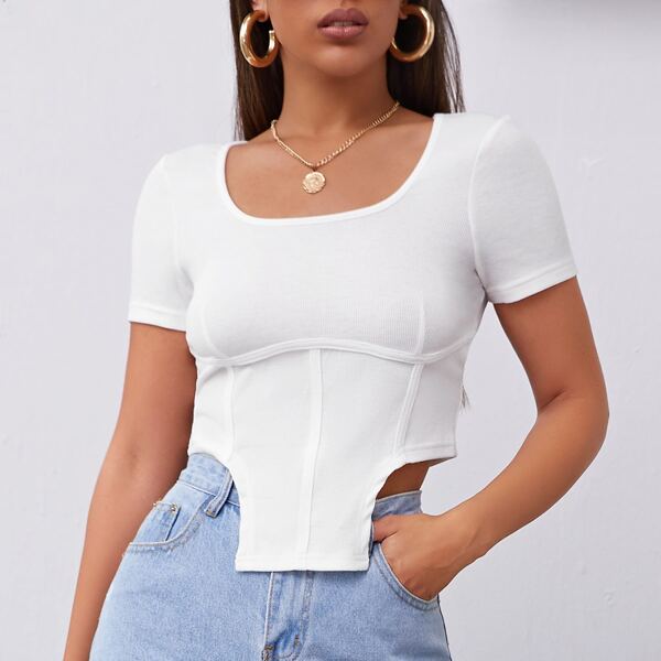 

Asymmetrical Hem Solid Tee, White