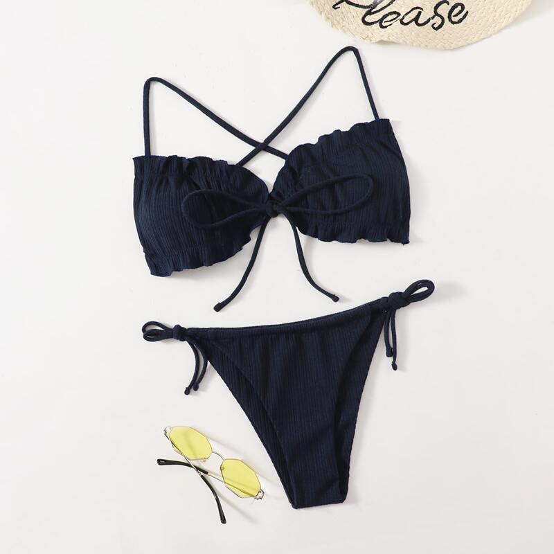 

Frill Trim Criss Cross Bikini Swimsuit, Navy blue