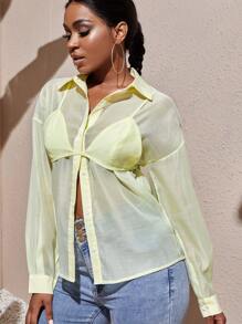 Slaydiva Chất rắn Nút Lên Áo sơ mi & Cami ngọn - Màu vàng - Xem 1