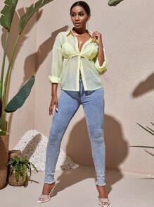 Slaydiva Chất rắn Nút Lên Áo sơ mi & Cami ngọn - Màu vàng - Xem 4