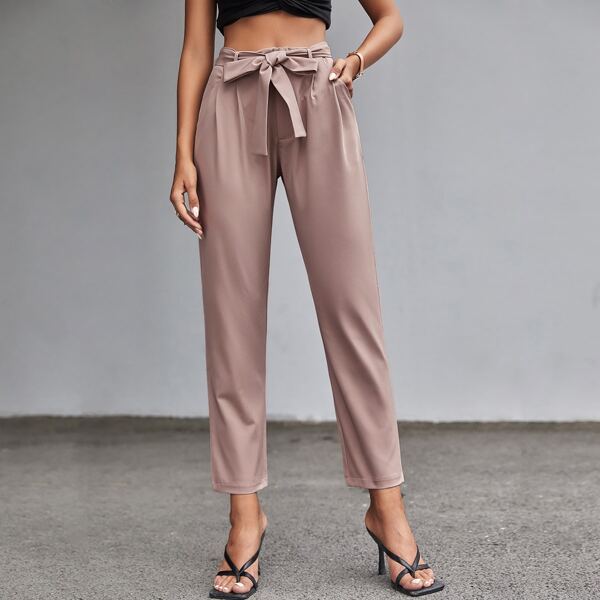 

Solid Straight Leg Belted Pants, Dusty pink