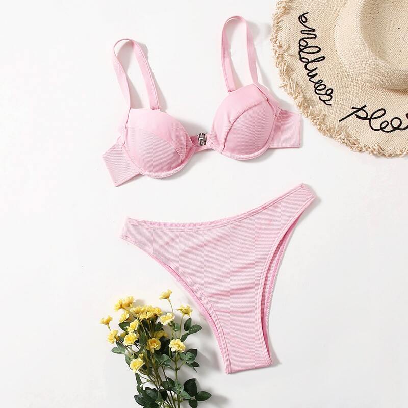 

Solid Rib Bikini Swimsuit, Baby pink