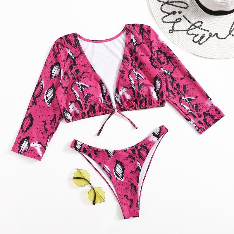 

Snakeskin Print Long Shelve Bikini Swimsuit, Hot pink