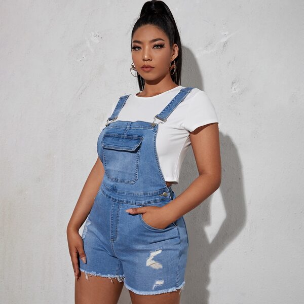 

Plus Flap Pockets Ripped Raw Hem Denim Overall, Medium wash