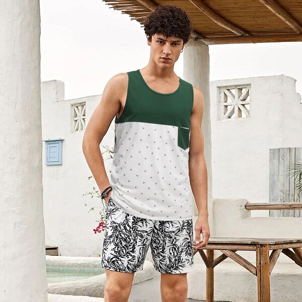 

Men Graphic Print Pocket Patched Colorblock Tank Top, Multicolor