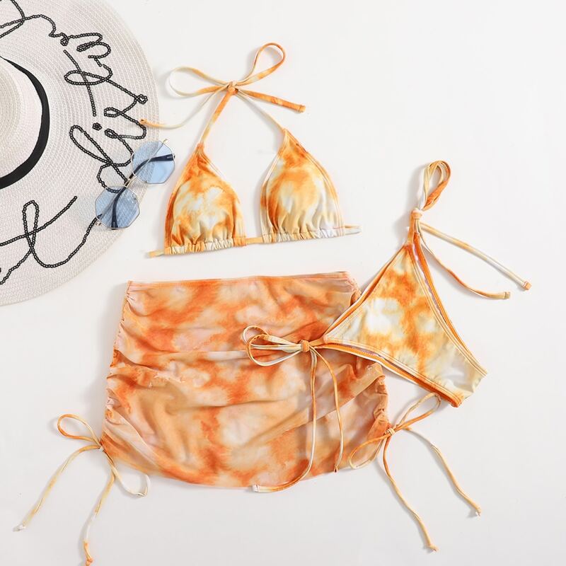 

3pack Tie Dye Bikini Swimsuit & Drawstring Beach Skirt, Multicolor