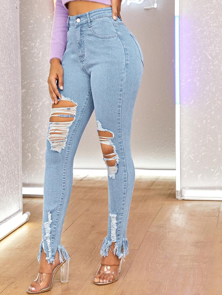 Curvy Distressed Skinny Jeans - Light Wash - View 1